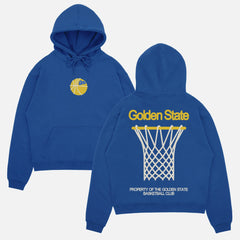 Heavyweight royal blue Golden State warriors streetwear hoodie with yellow and white oversized graphics on the front and back of the sweatshirt