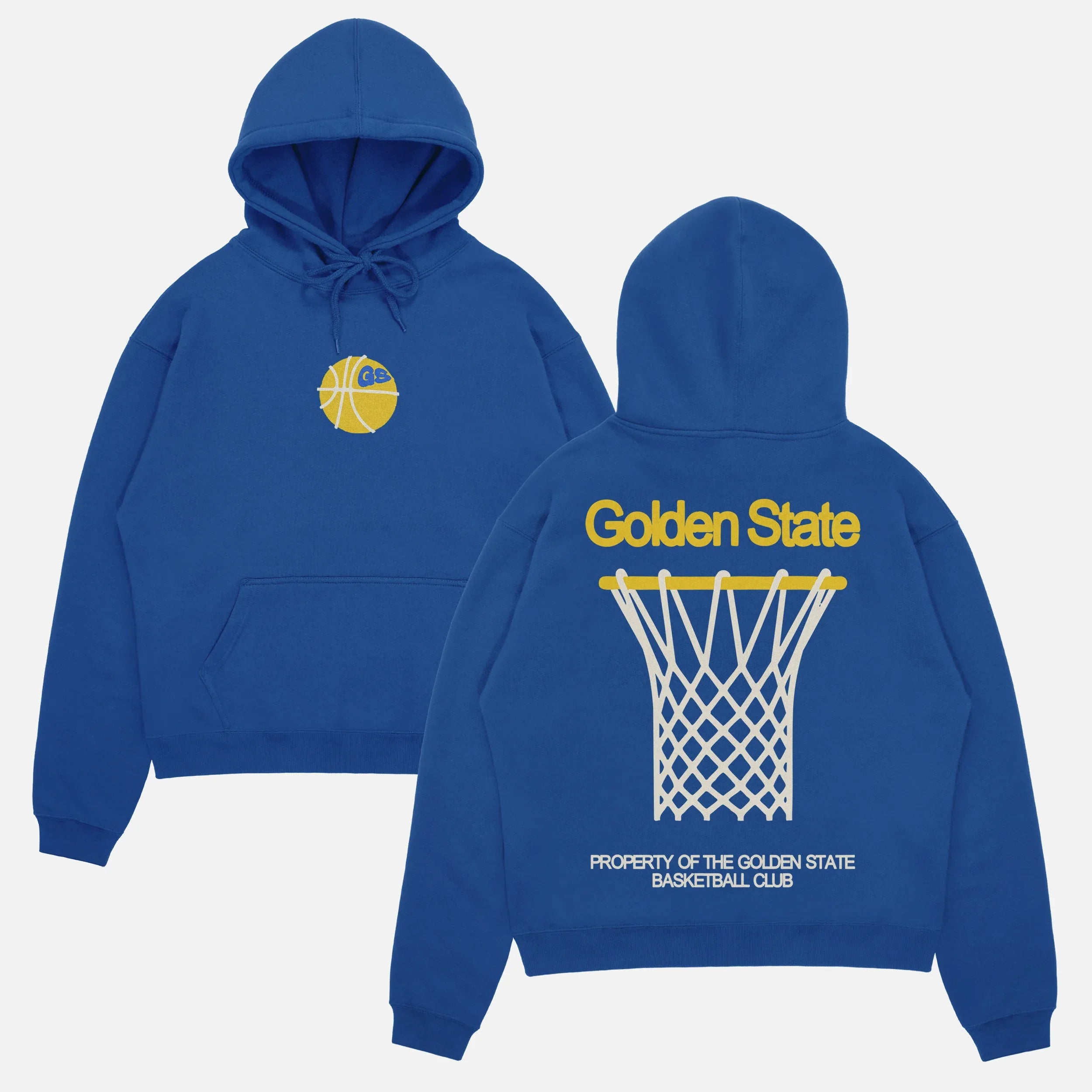 Heavyweight royal blue Golden State warriors streetwear hoodie with yellow and white oversized graphics on the front and back of the sweatshirt