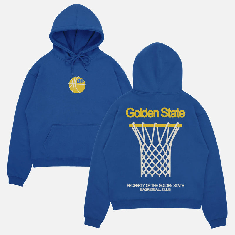 Heavyweight royal blue Golden State warriors streetwear hoodie with yellow and white oversized graphics on the front and back of the sweatshirt