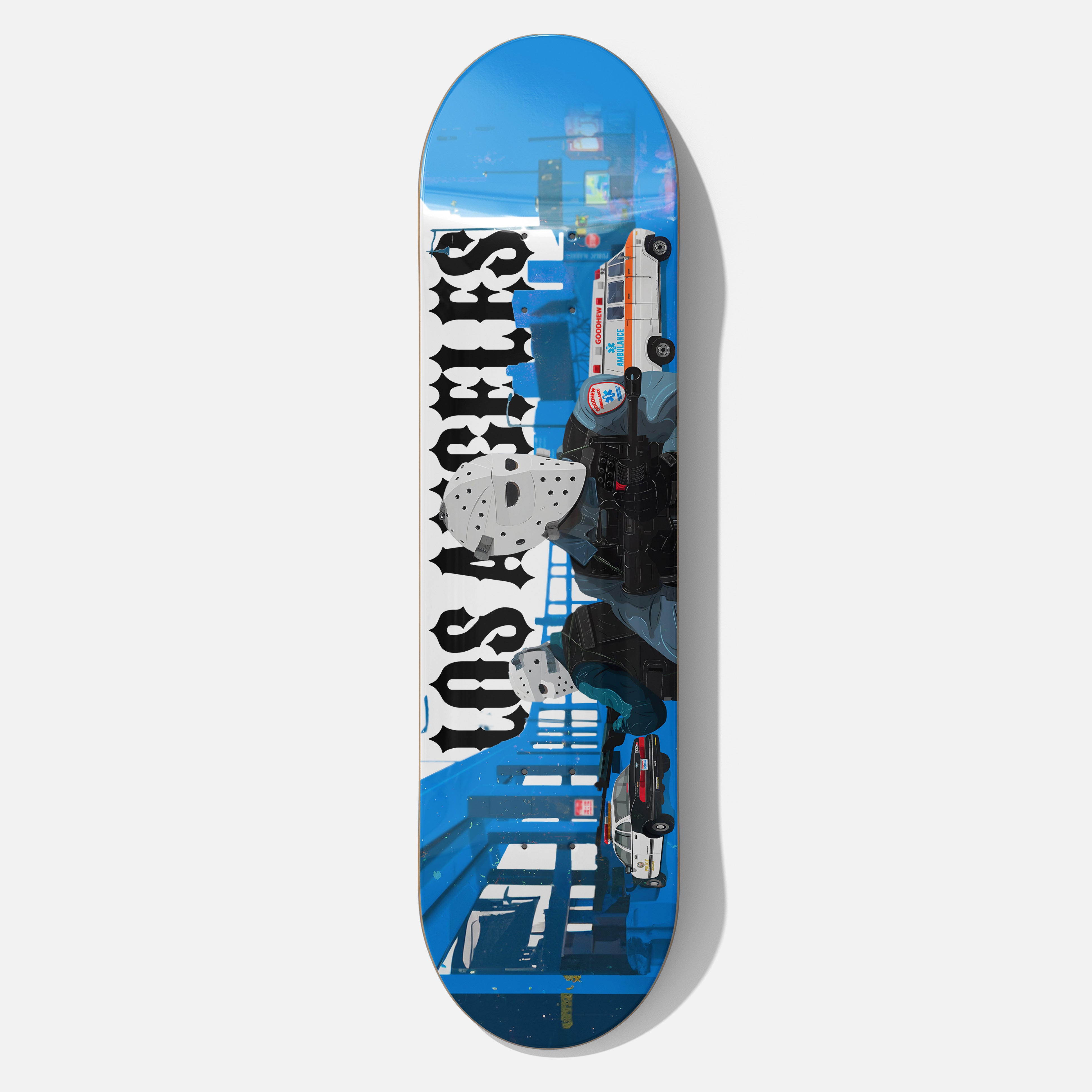 1995 Heat Movie skateboard with hockey mask armored car scene art, Michael Mann Heat film skate deck wall art collectible 