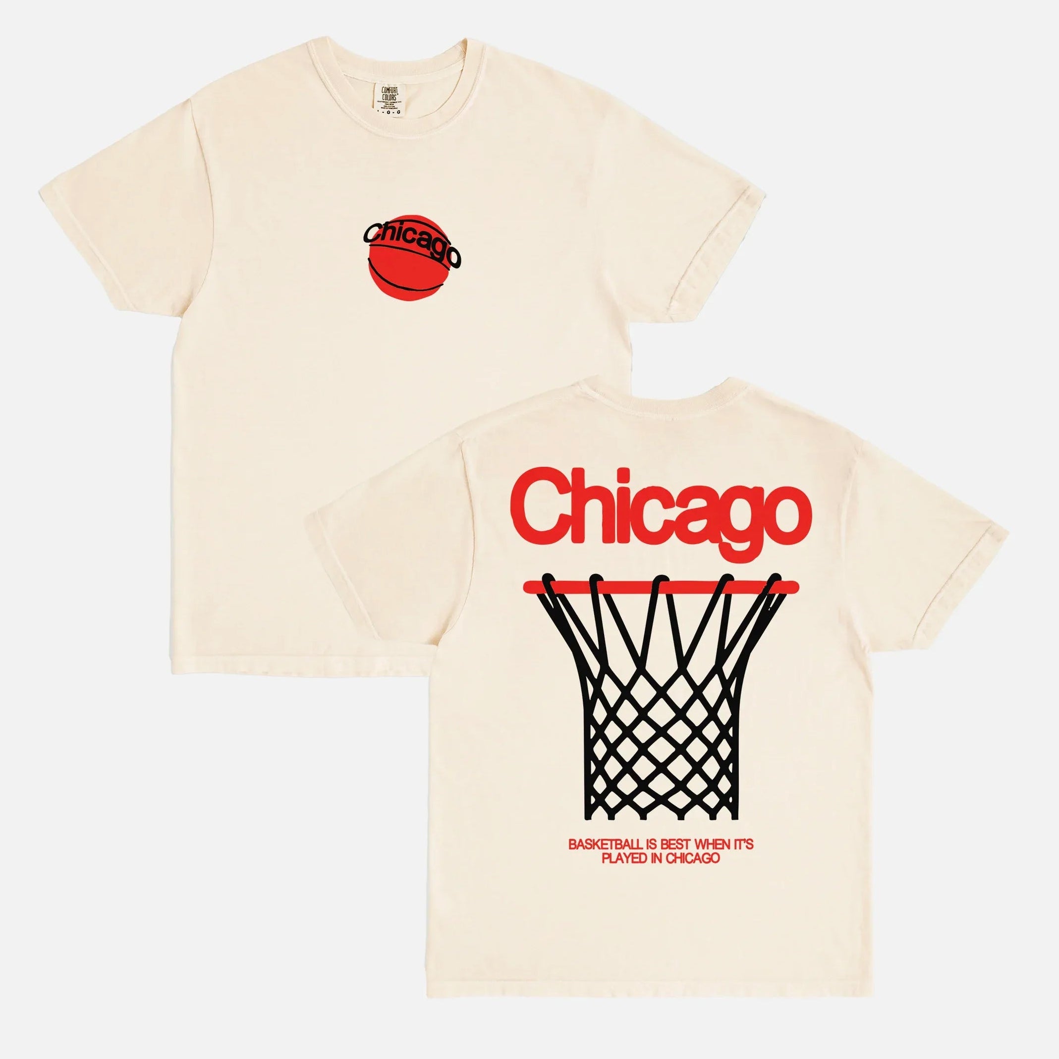 Off white oversized Chicago Bulls streetwear style graphic tee shirt, faded distressed beige cream Chicago basketball t-shirt with red and black design and front and back print on Unisex t-shirt for sale at Throwbacks