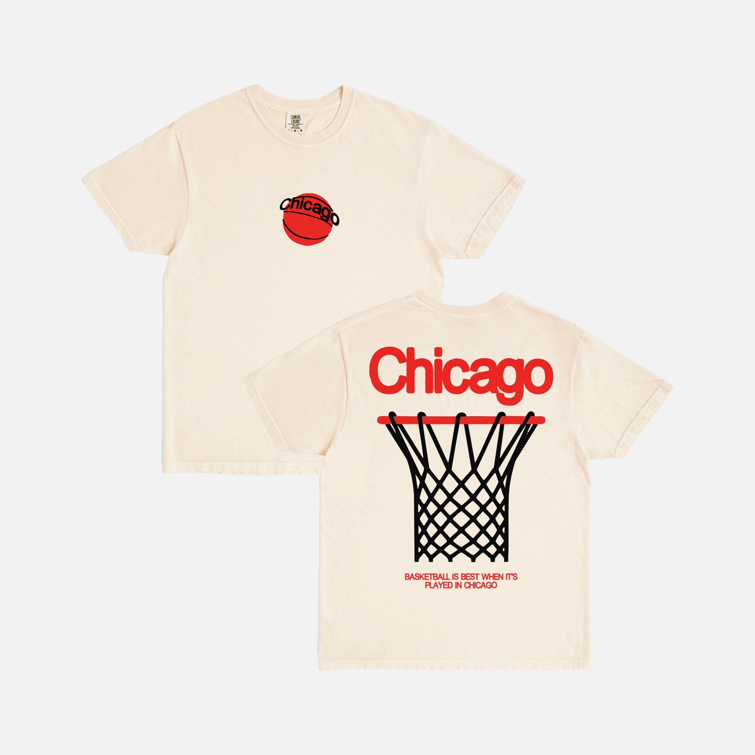 Off white oversized Chicago Bulls streetwear style graphic tee shirt, faded distressed beige cream Chicago basketball t-shirt with red and black design and front and back print on Unisex t-shirt for sale at Throwbacks
