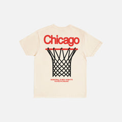 Retro Chicago Bulls streetwear style graphic tee shirt, faded distressed black Chicago basketball t-shirt with red and white design and front and back print on Unisex t-shirt for sale at Throwbacks
