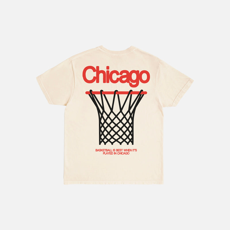 Retro Chicago Bulls streetwear style graphic tee shirt, faded distressed black Chicago basketball t-shirt with red and white design and front and back print on Unisex t-shirt for sale at Throwbacks