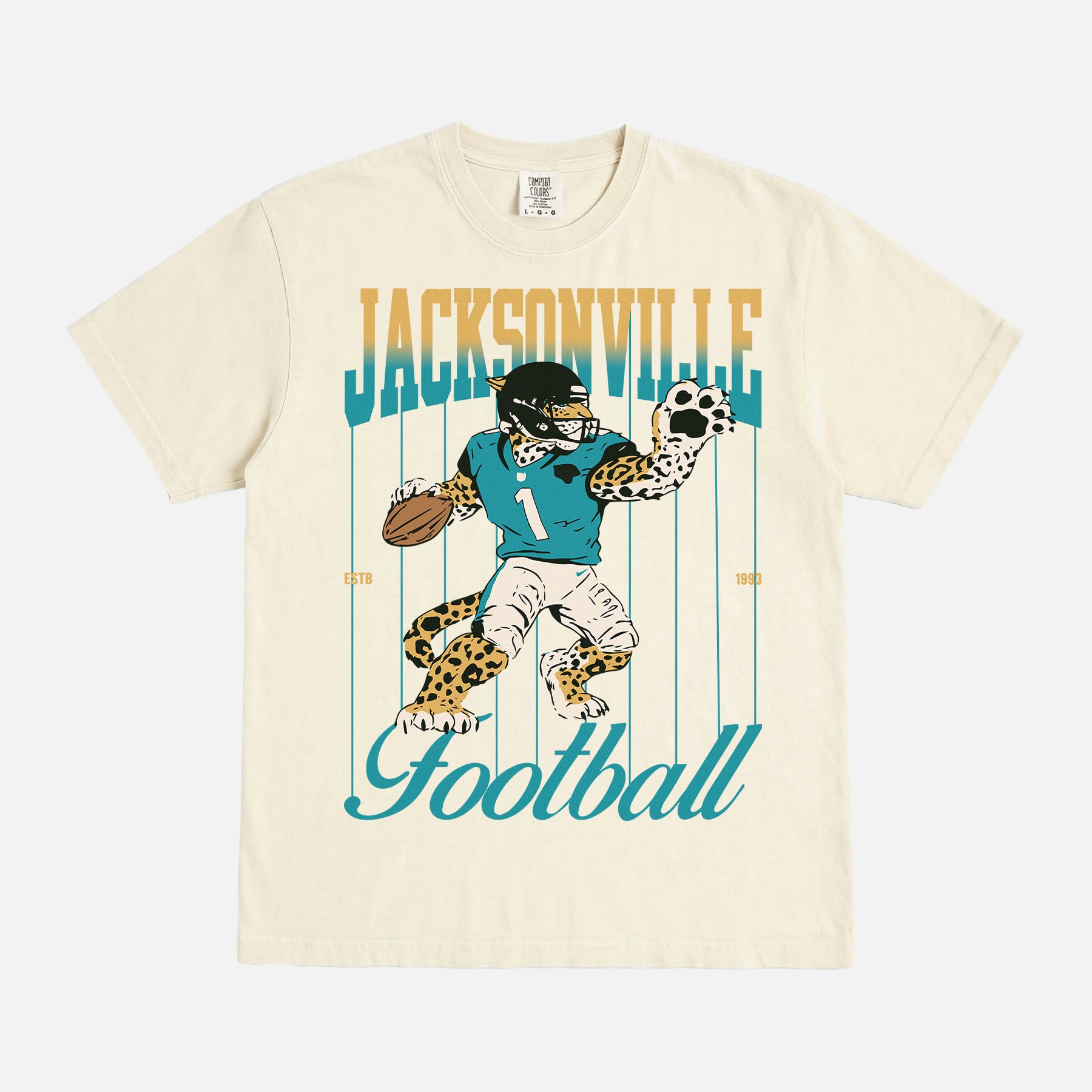 Cool vintage Jacksonville Jaguars nfl football fan graphic t-shirt with retro mascot pinstripes gradient on a washed cream comfort colors tee