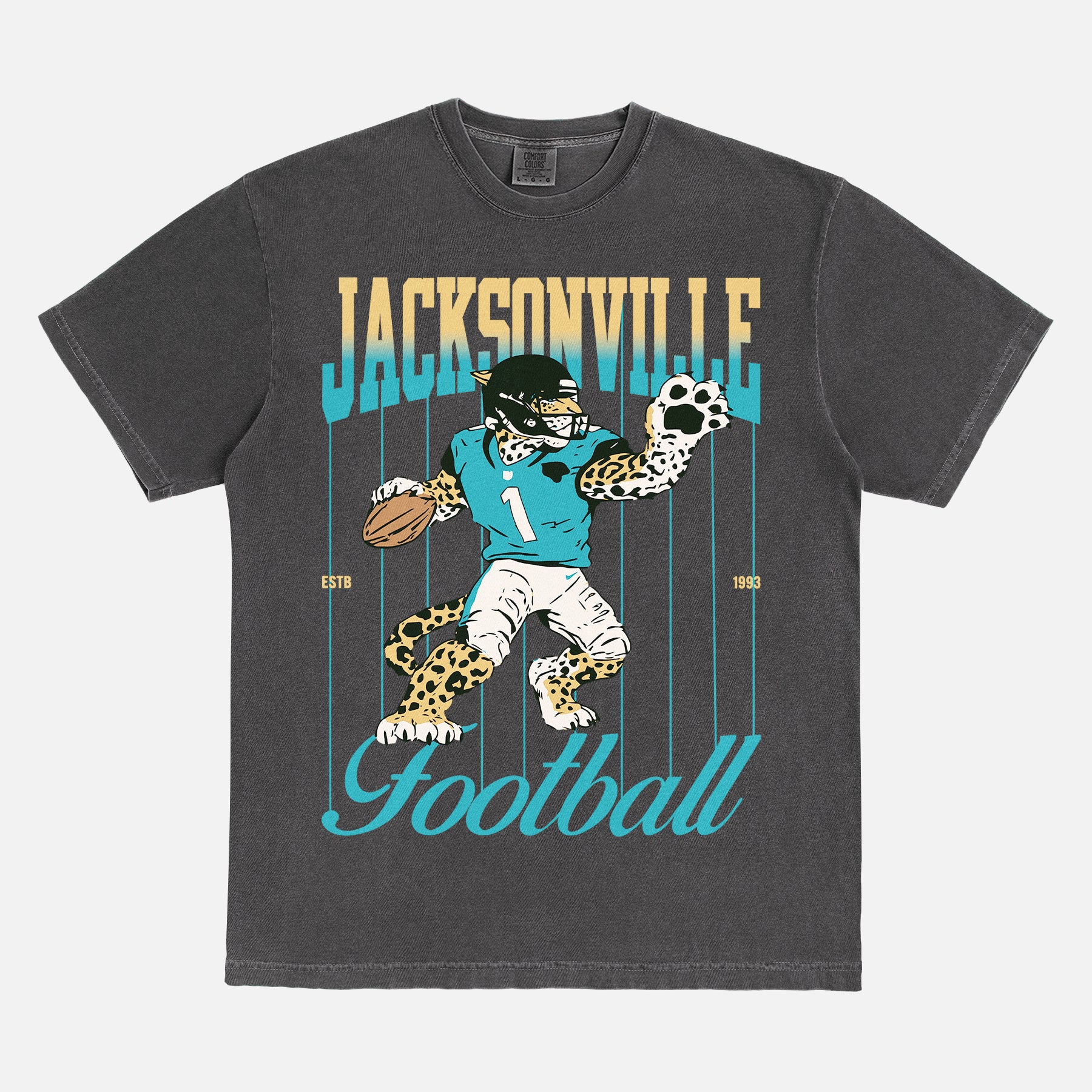 Cool vintage Jacksonville Jaguars nfl football fan graphic t-shirt with retro mascot pinstripes gradient on a washed black comfort colors tee