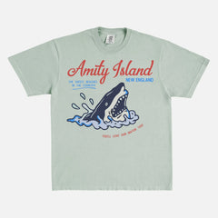 Funny Jaws Movie T-Shirt with retro  Amity Island travel poster logo on faded pale green Comfort Colors unisex t-shirt for sale at Throwbacks