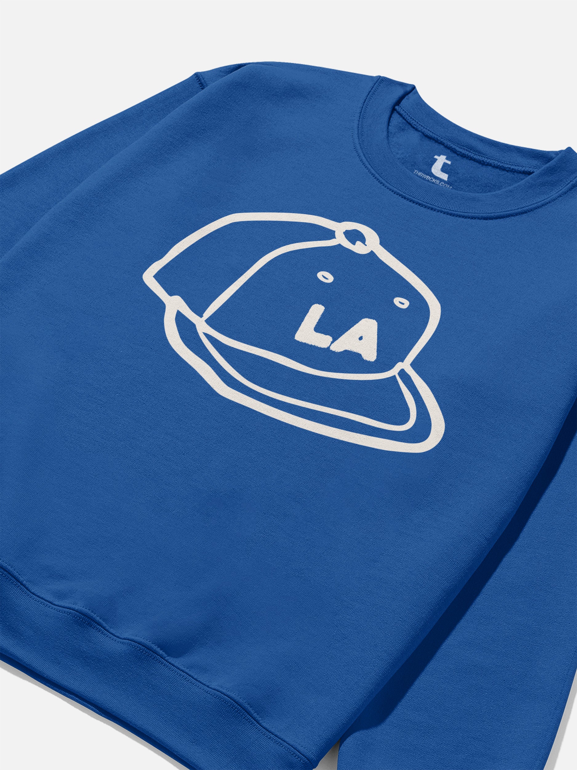 LA Dodgers streetwear style sweatshirt with custom Los Angeles baseball hat illustration on a royal blue crewneck for men and women
