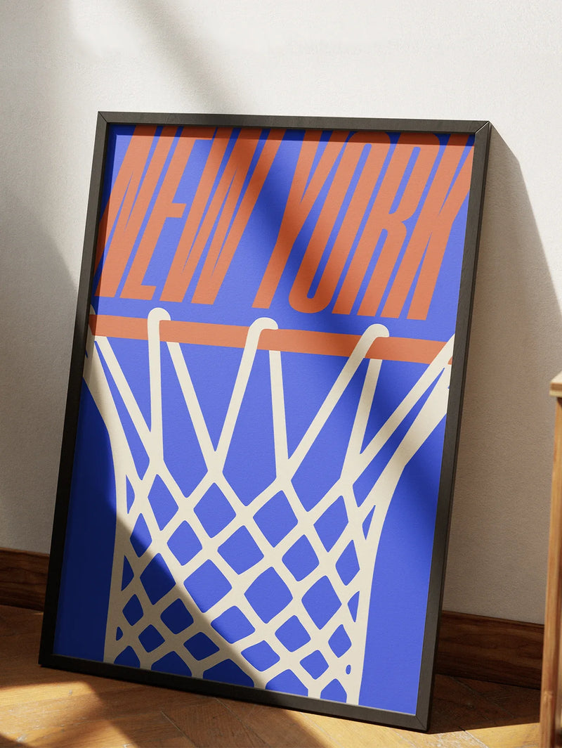 New York Knicks Minimal Basketball Poster, Urban Streetwear Style NY Knicks ball hoop wall art print framed or unframed for sale at Throwbacks