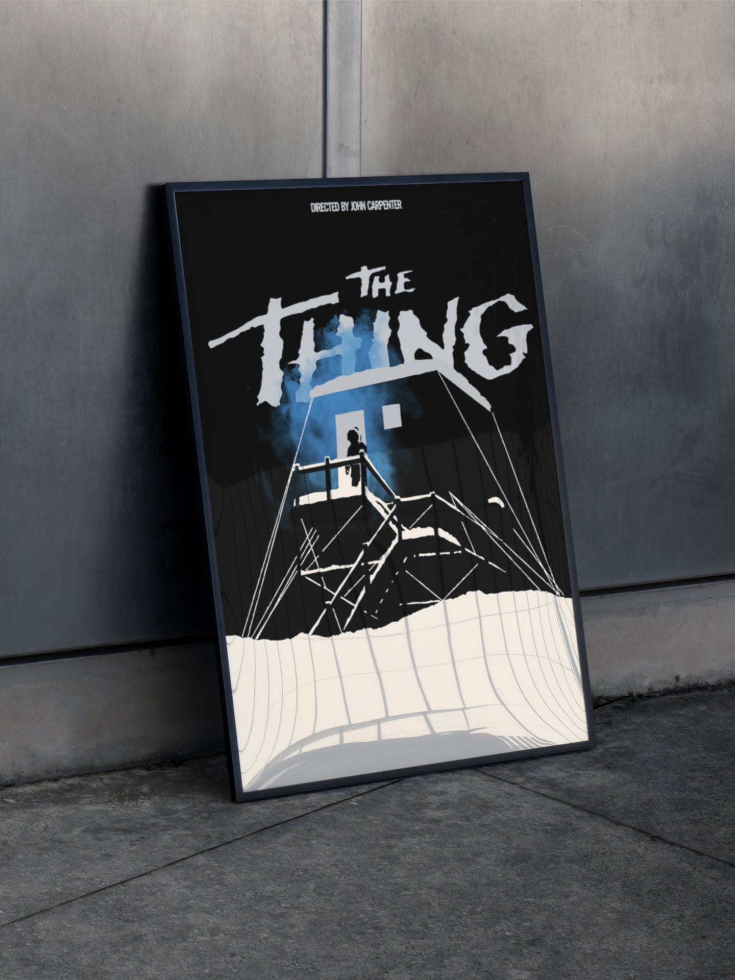 The Thing 1982 horror movie poster, minimal black and white John Carpenter sci-fi horror film wall art memorabilia framed or unframed