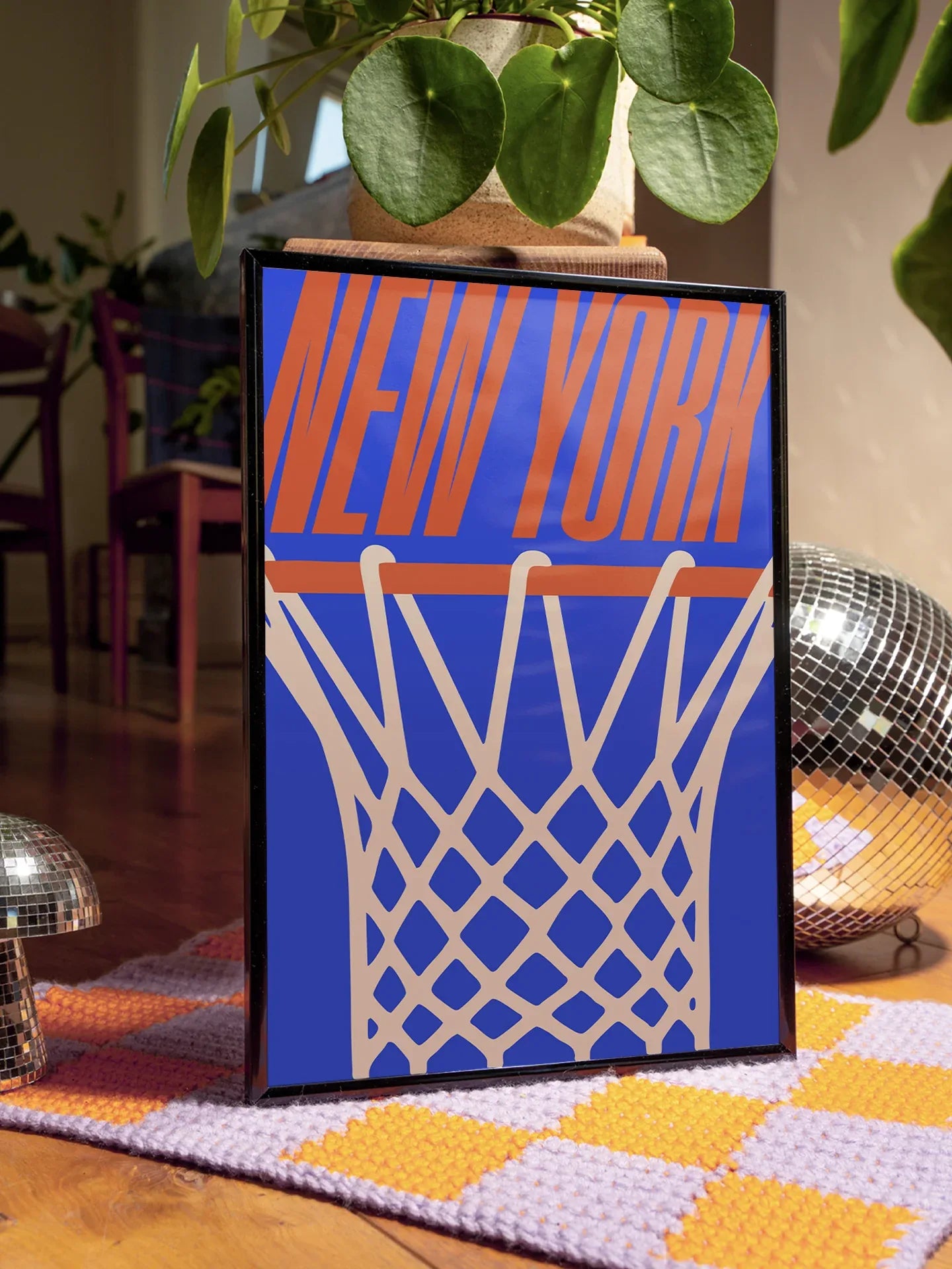 New York Knicks Minimal Basketball Poster, Urban Streetwear Style NY Knicks ball hoop wall art print framed or unframed for sale at Throwbacks