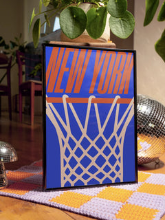 New York Knicks Minimal Basketball Poster, Urban Streetwear Style NY Knicks ball hoop wall art print framed or unframed for sale at Throwbacks