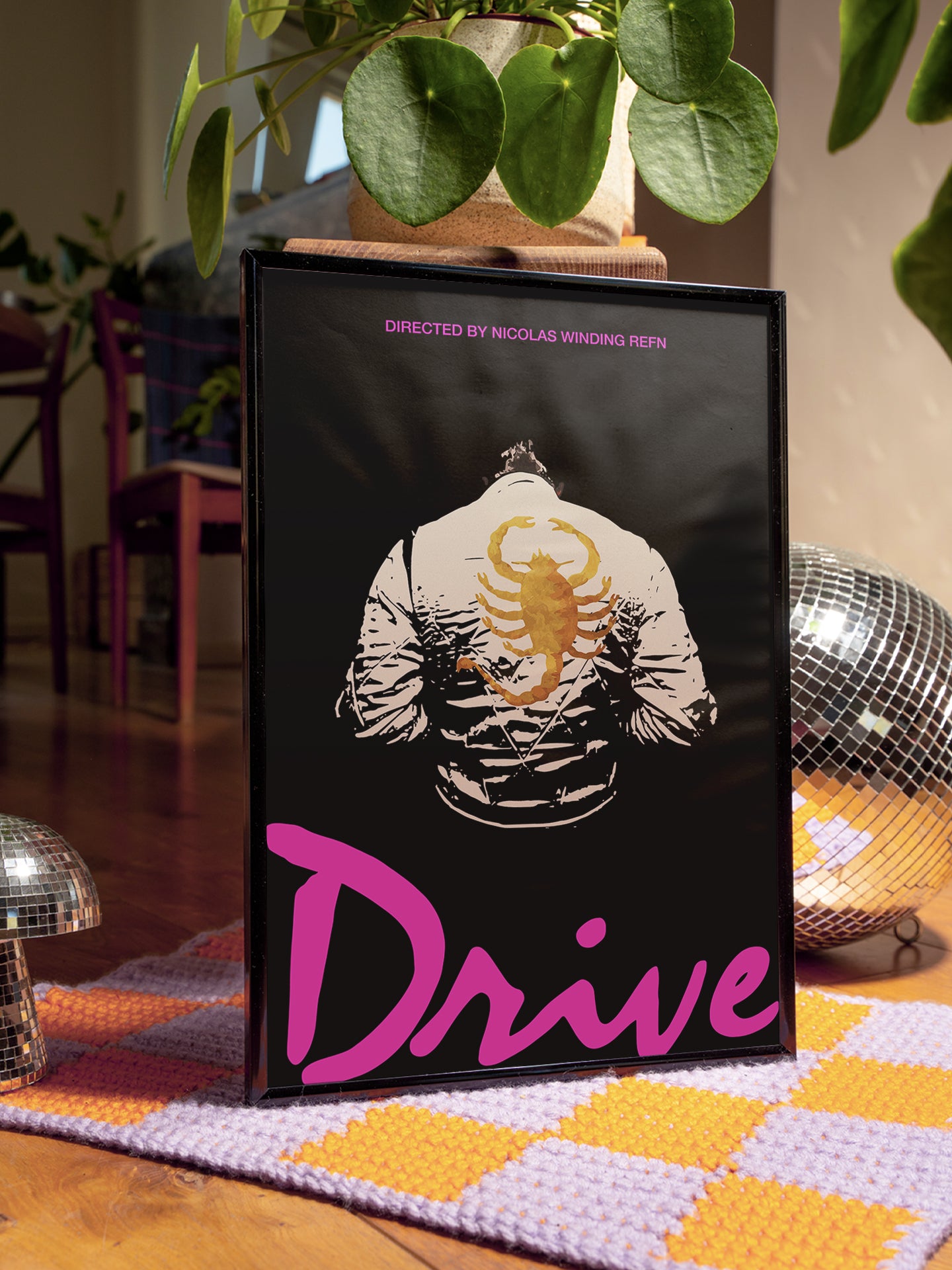 Drive 2011 Movie Poster, Minimal framed film print with The Driver scorpion jacket and neon pink movie poster text