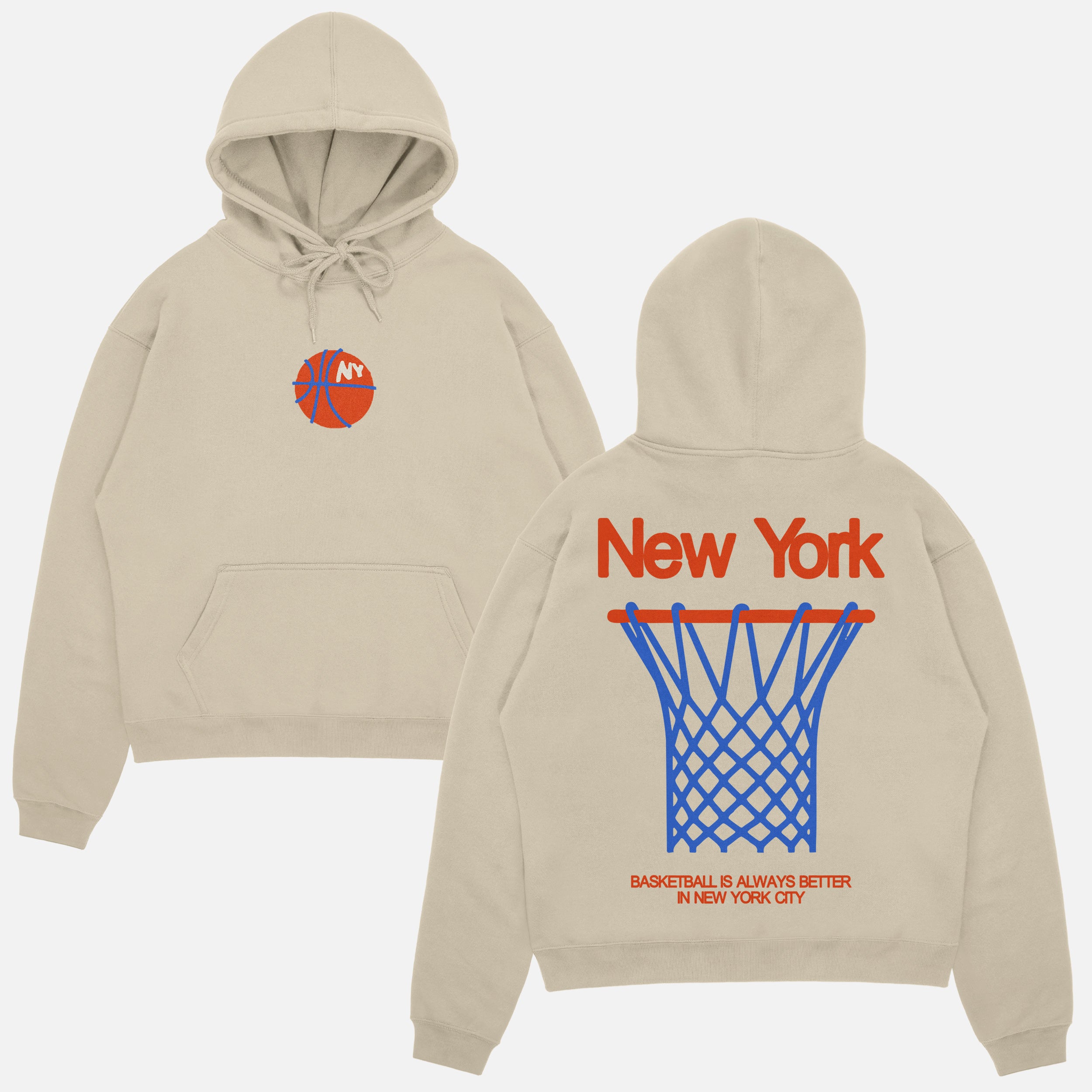 Beige Off White New York Knicks streetwear hoodie, retro orange and blue NY basketball sweatshirt with front and back print