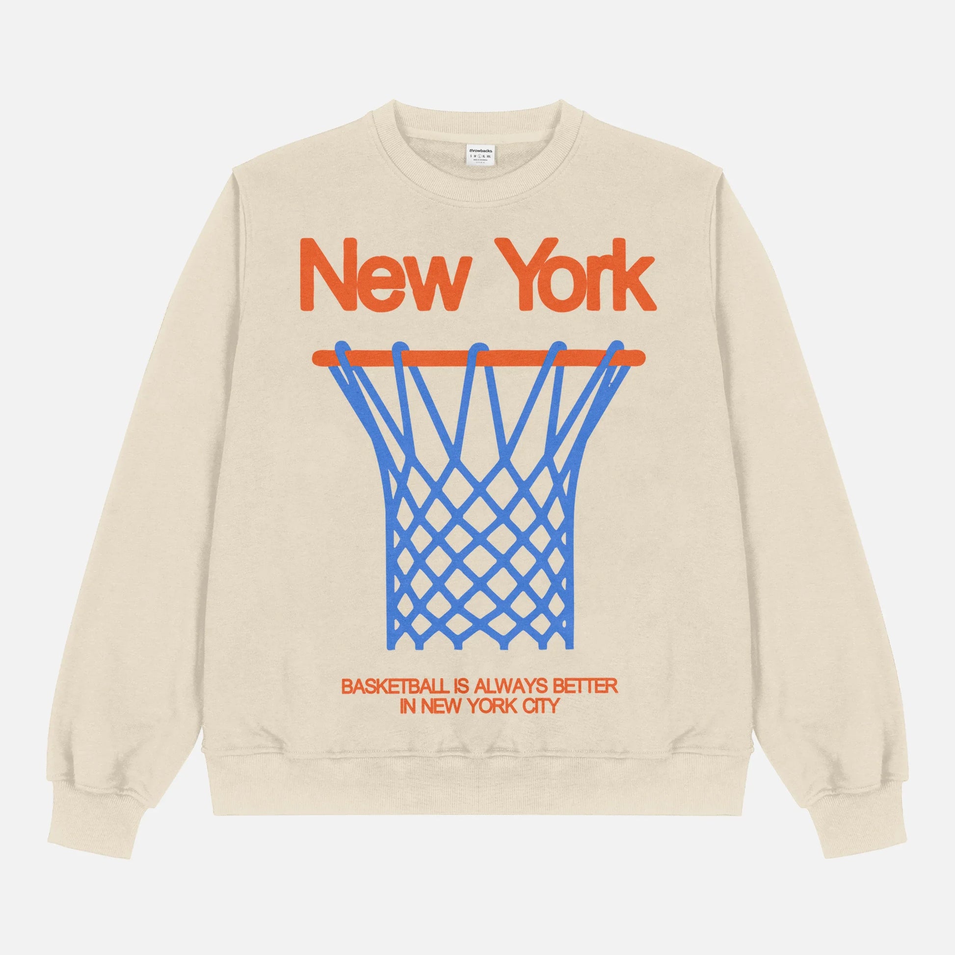 Retro Beige off white NY Knicks streetwear heavyweight crewneck sweatshirt with oversized orange 80's style blue and orange graphic for men and women