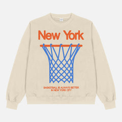 Retro Beige off white NY Knicks streetwear heavyweight crewneck sweatshirt with oversized orange 80's style blue and orange graphic for men and women