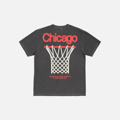 Chicago Bulls streetwear style graphic tee shirt, faded distressed black oversized Chicago basketball t-shirt with red and white design and front and back print on Unisex t-shirt for sale at Throwbacks