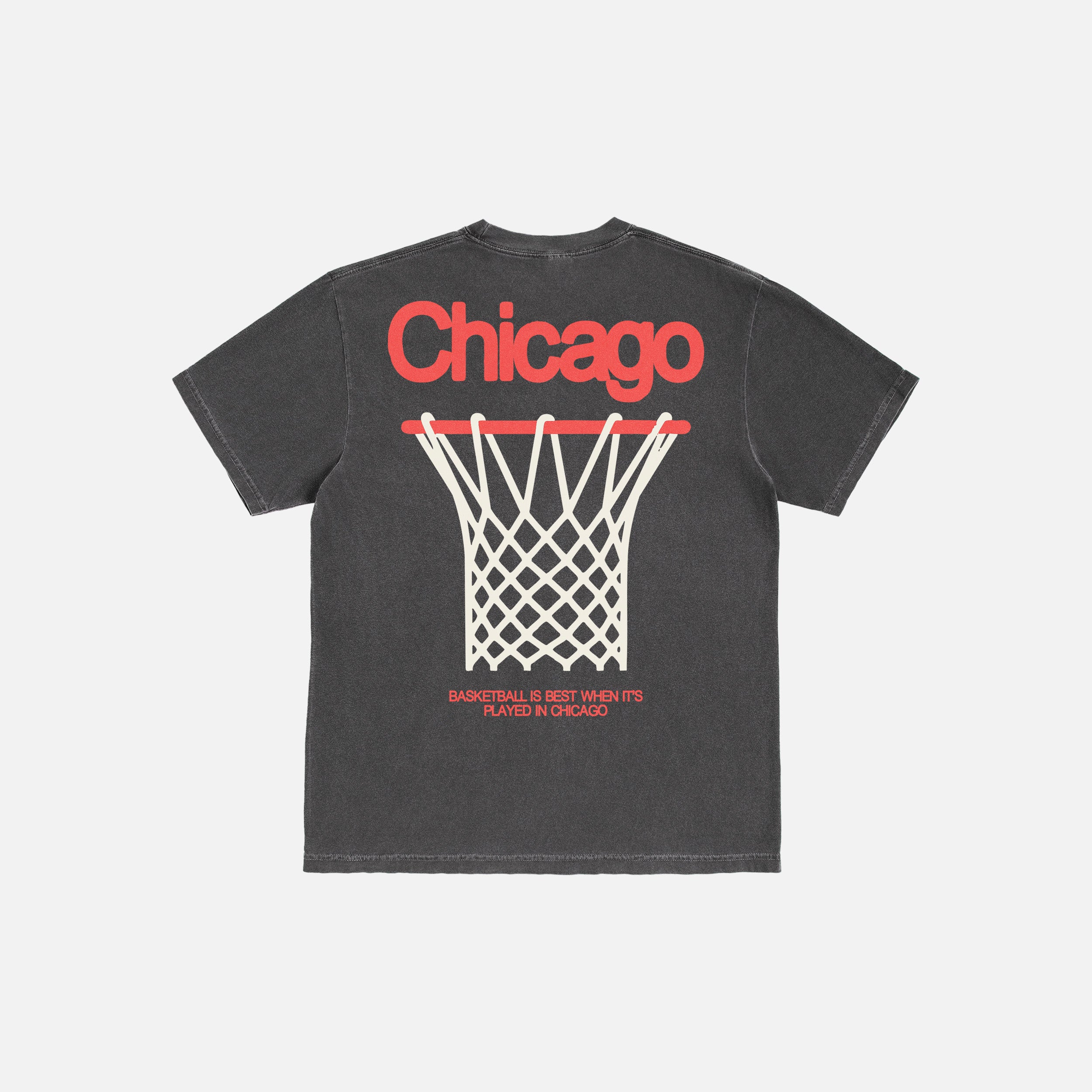 Chicago Bulls streetwear style graphic tee shirt, faded distressed black oversized Chicago basketball t-shirt with red and white design and front and back print on Unisex t-shirt for sale at Throwbacks