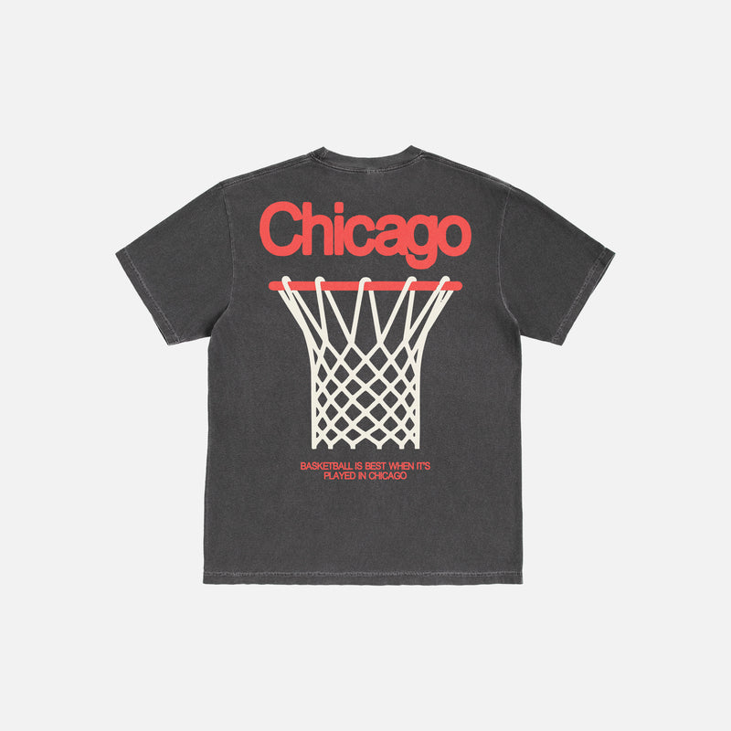 Chicago Bulls streetwear style graphic tee shirt, faded distressed black oversized Chicago basketball t-shirt with red and white design and front and back print on Unisex t-shirt for sale at Throwbacks
