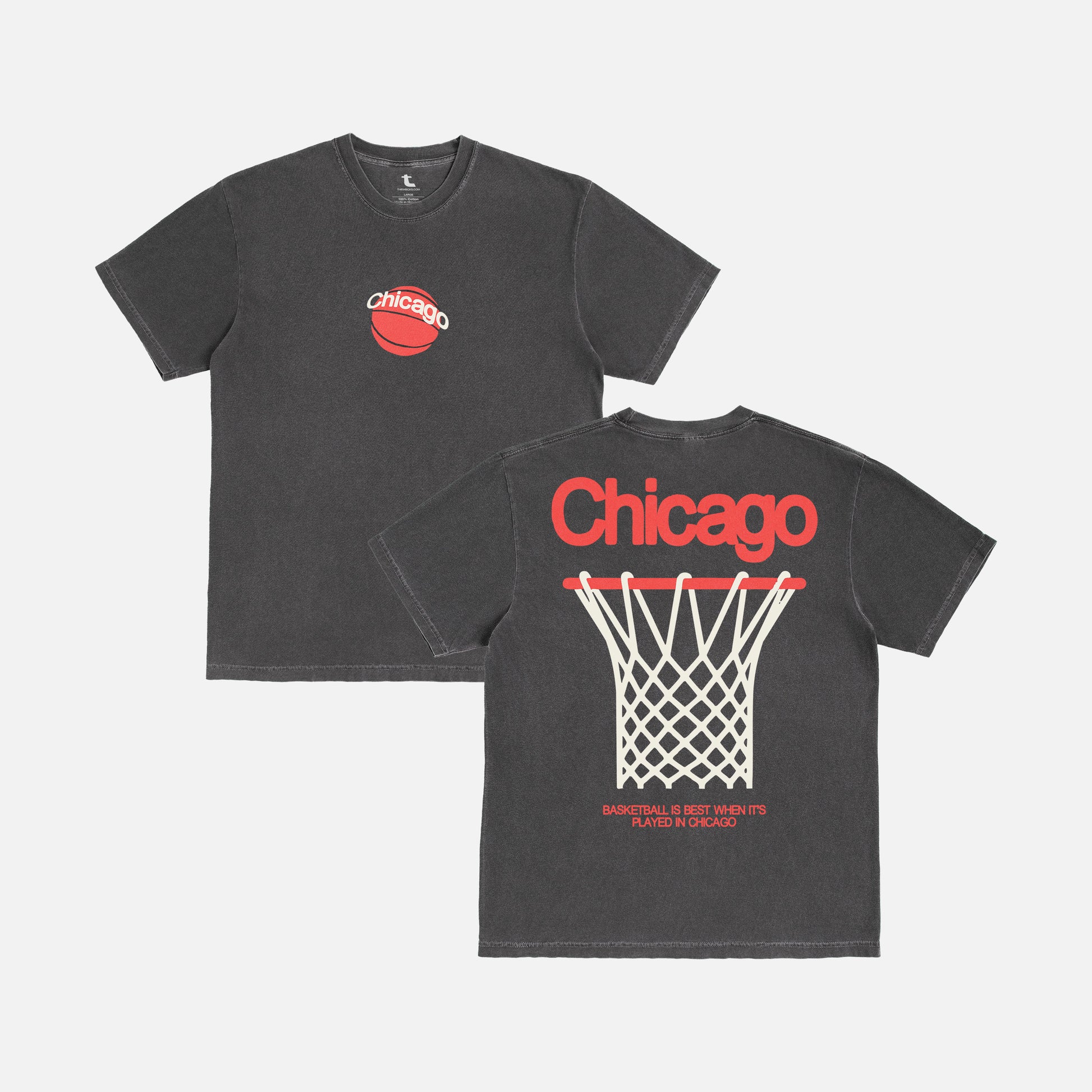 Retro Chicago Bulls streetwear style graphic tee shirt, faded distressed black Chicago basketball t-shirt with red and white design and front and back print on Unisex t-shirt for sale at Throwbacks