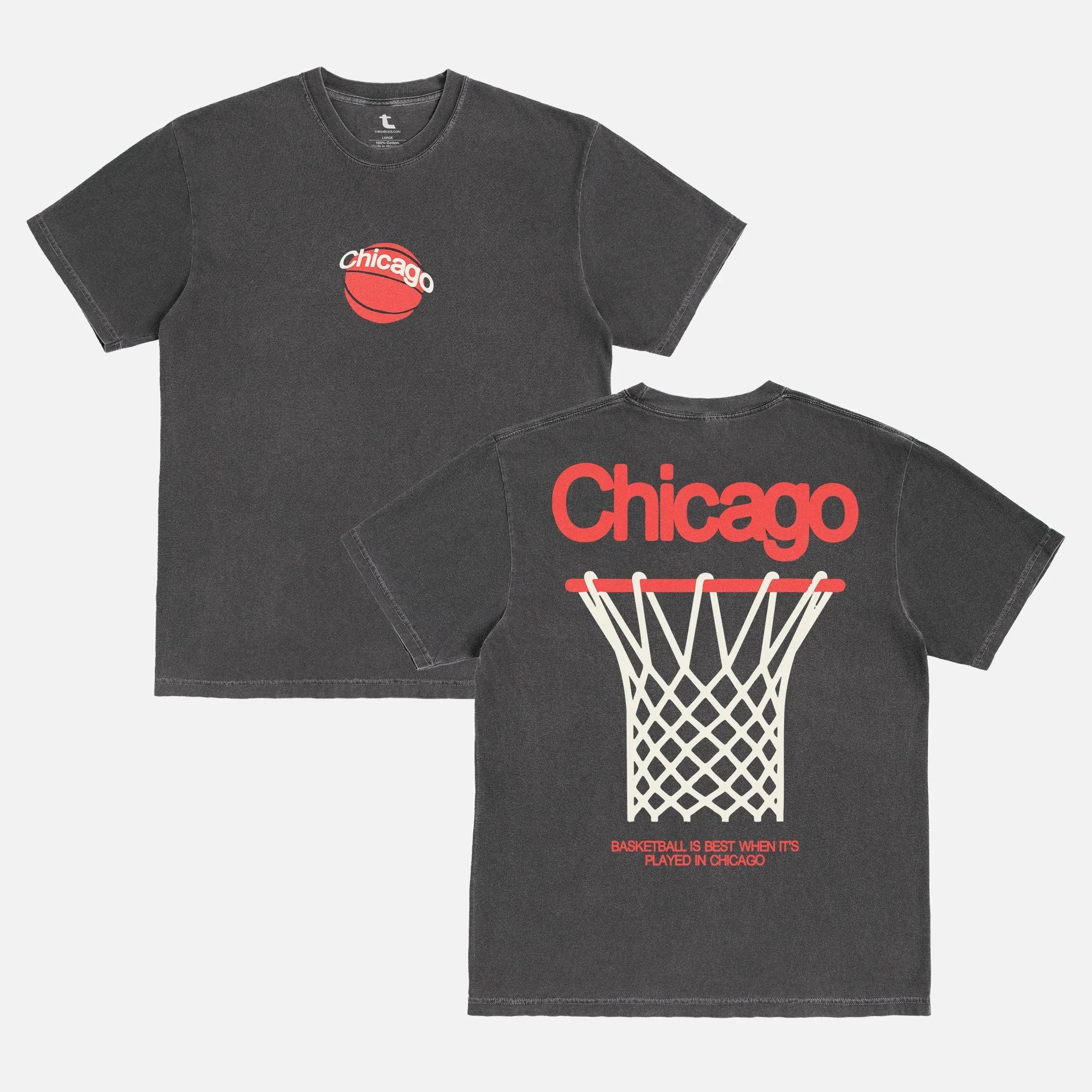 Retro Chicago Bulls streetwear style graphic tee shirt, faded distressed black Chicago basketball t-shirt with red and white design and front and back print on Unisex t-shirt for sale at Throwbacks