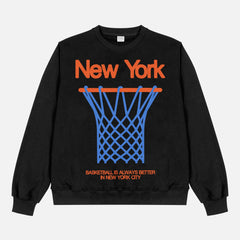 Retro black NY Knicks streetwear heavyweight crewneck sweatshirt with oversized orange 80's style blue and orange graphic for men and women