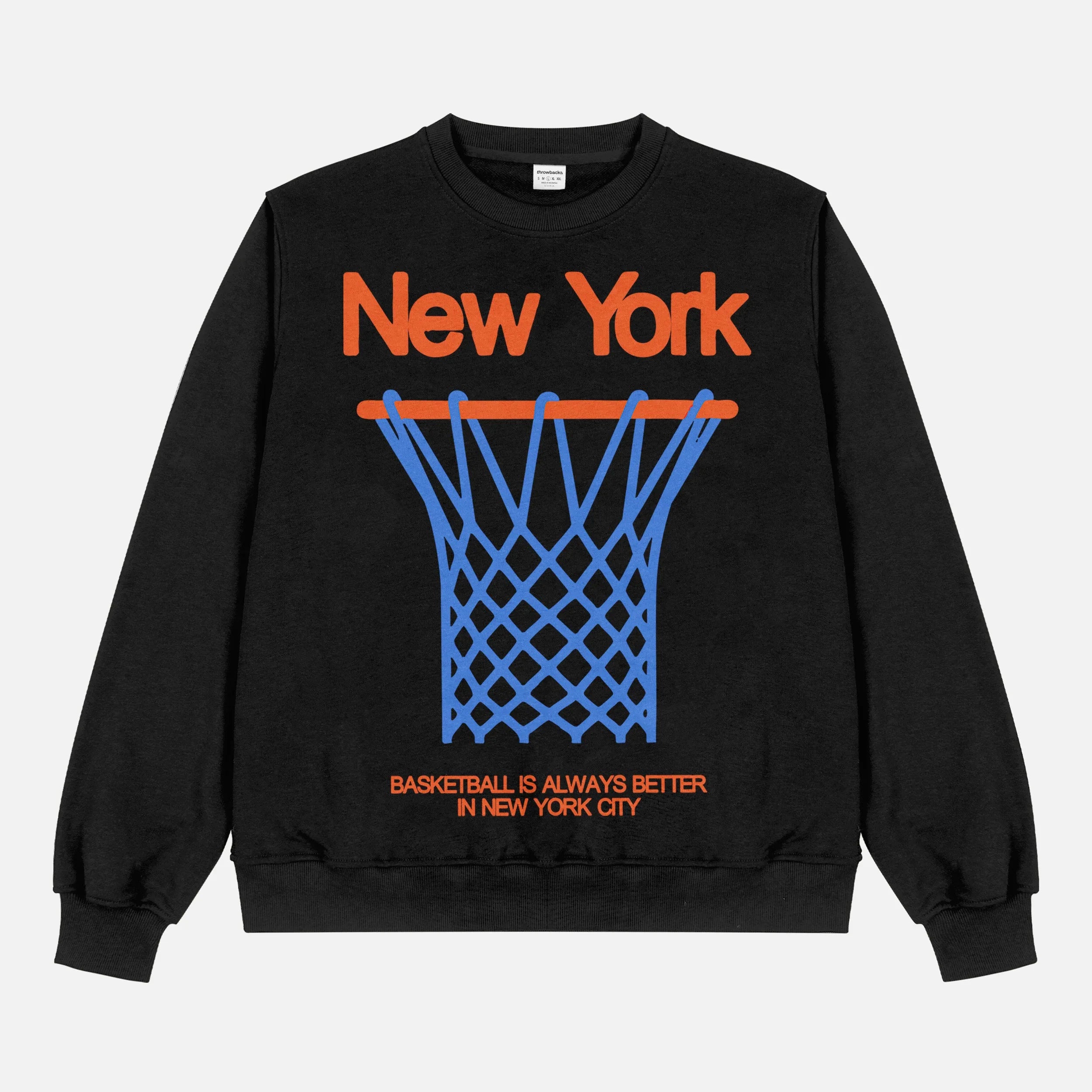 Retro black NY Knicks streetwear heavyweight crewneck sweatshirt with oversized orange 80's style blue and orange graphic for men and women