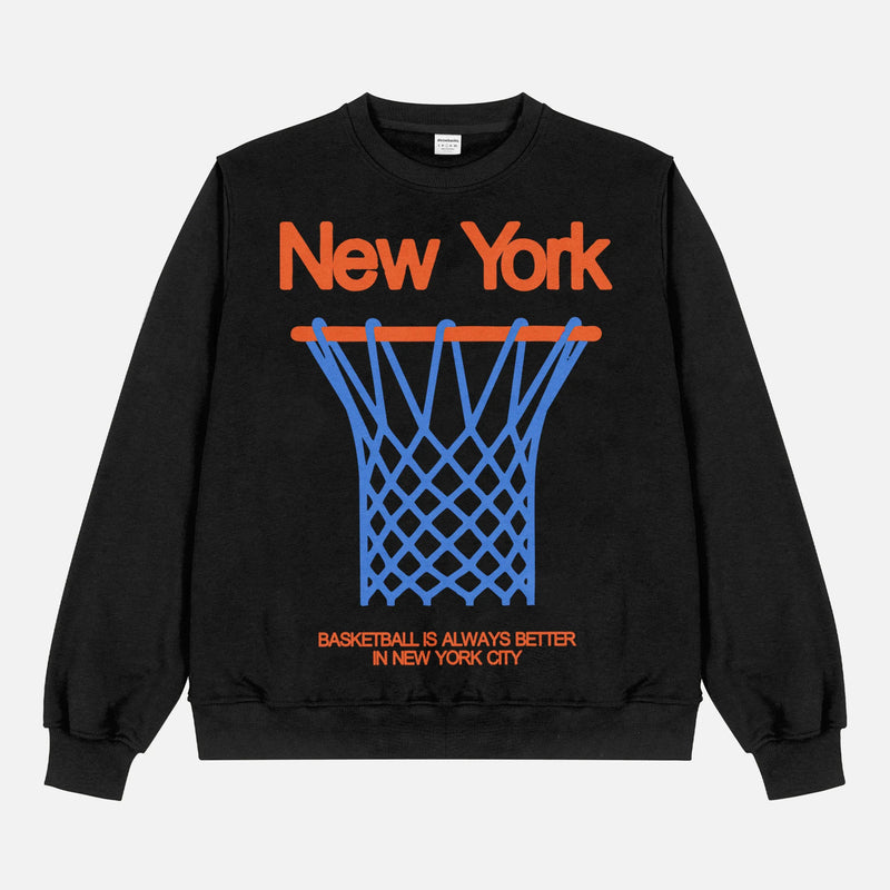 Retro black NY Knicks streetwear heavyweight crewneck sweatshirt with oversized orange 80's style blue and orange graphic for men and women