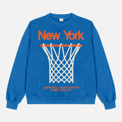 Retro Royal Blue NY Knicks streetwear heavyweight crewneck sweatshirt with oversized orange 80's style graphic for men and women