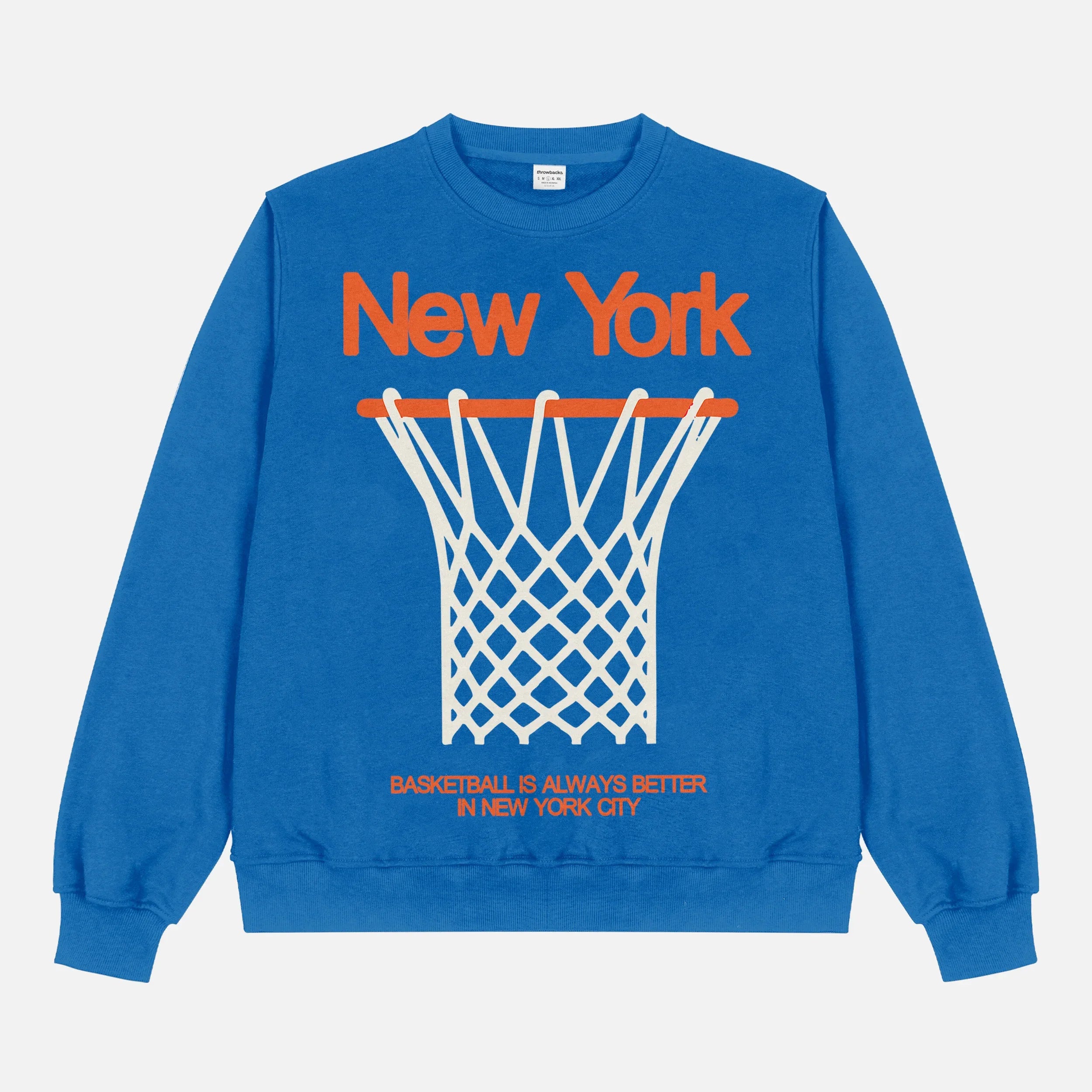 Retro Royal Blue NY Knicks streetwear heavyweight crewneck sweatshirt with oversized orange 80's style graphic for men and women