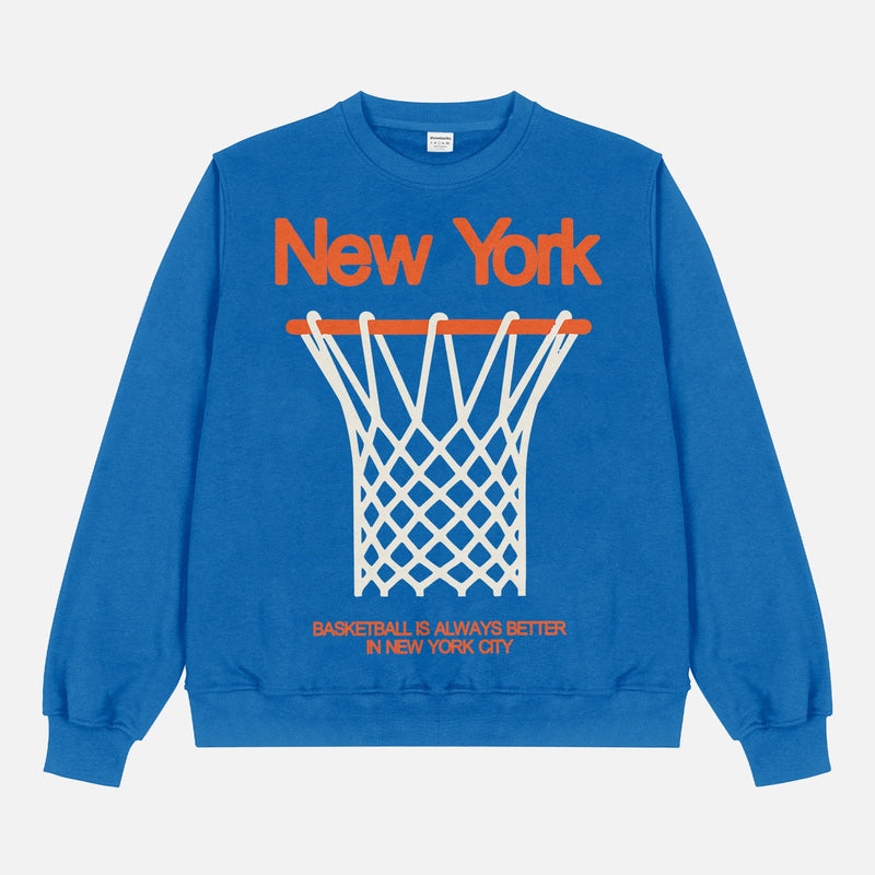 Retro Royal Blue NY Knicks streetwear heavyweight crewneck sweatshirt with oversized orange 80's style graphic for men and women