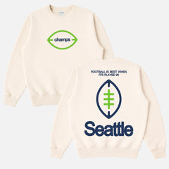 Cute off white and lime and navy Retro Seattle Seahawks 2026 Super Bowl Champions sweatshirt with front and back print for men and women