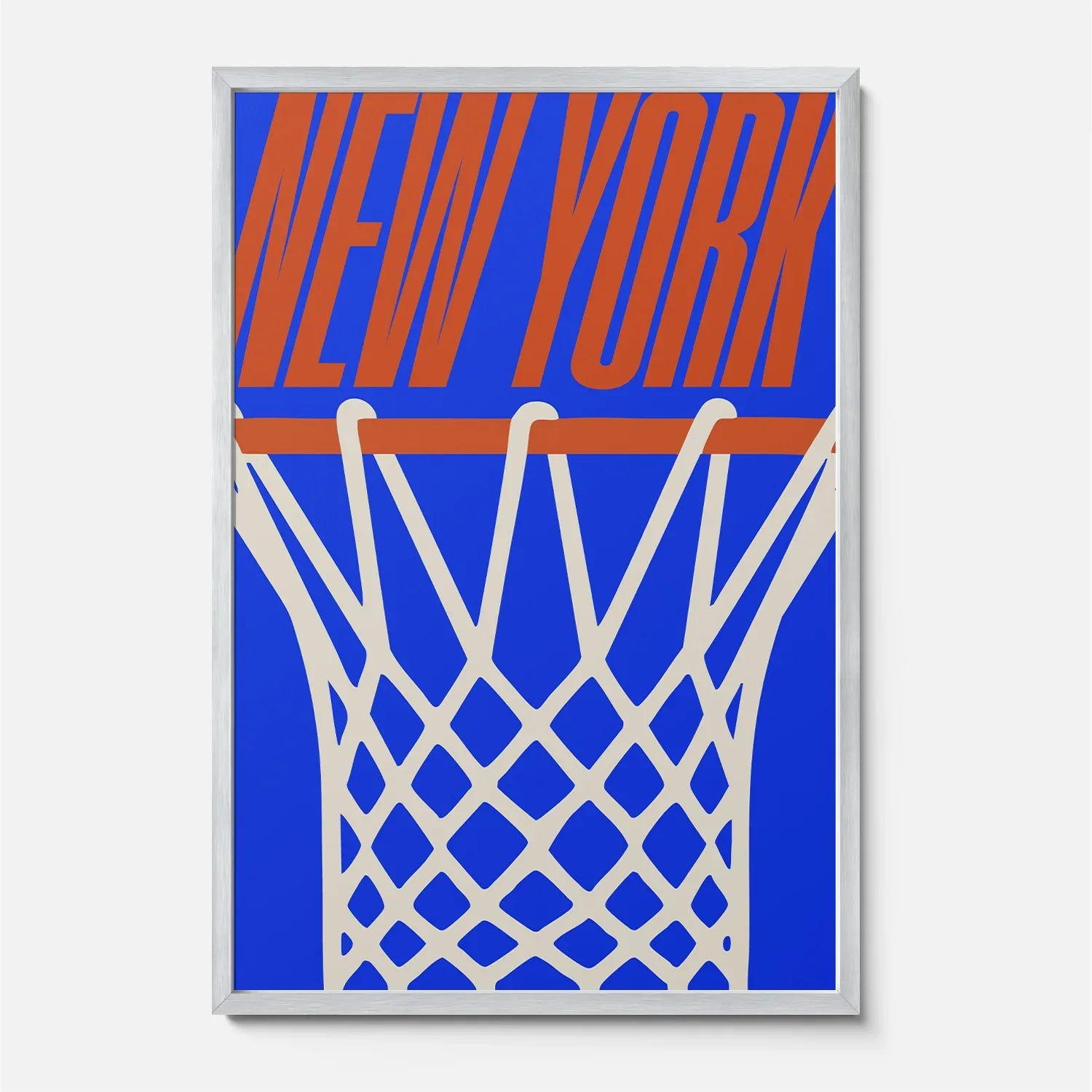New York Knicks Minimal Basketball Poster, Urban Streetwear Style NY Knicks ball hoop wall art print framed or unframed for sale at Throwbacks