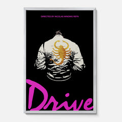 Drive 2011 Movie Poster, Minimal framed film print with The Driver scorpion jacket and neon pink movie poster text