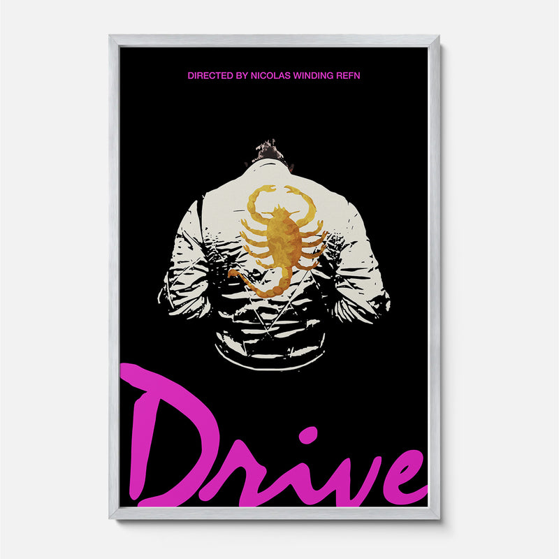 Drive 2011 Movie Poster, Minimal framed film print with The Driver scorpion jacket and neon pink movie poster text