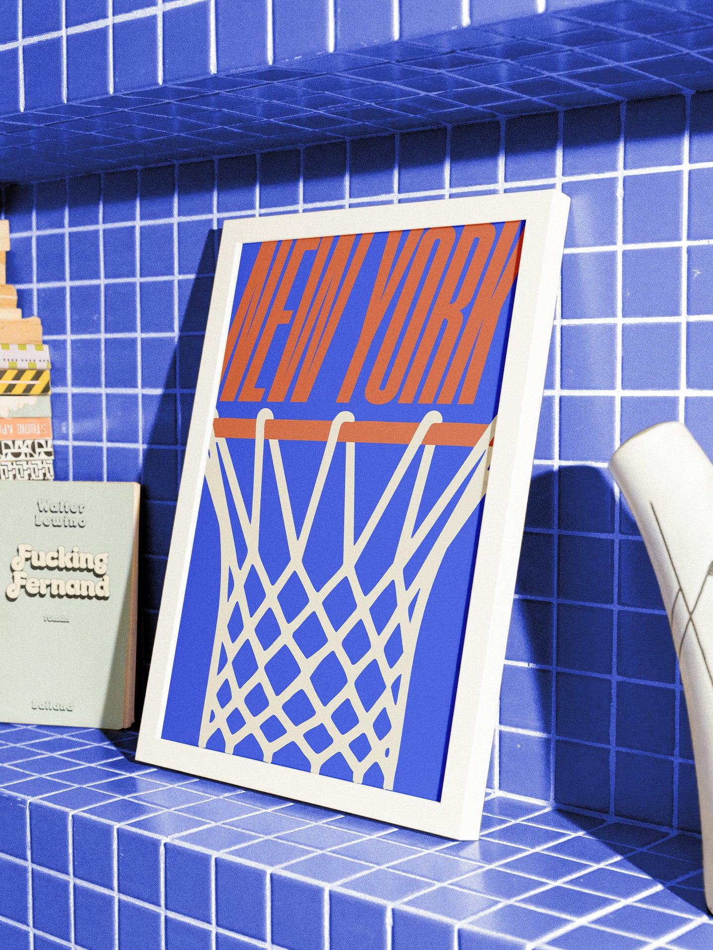 New York Knicks Minimal Basketball Poster, Urban Streetwear Style NY Knicks ball hoop wall art print framed or unframed for sale at Throwbacks