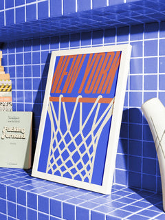 New York Knicks Minimal Basketball Poster, Urban Streetwear Style NY Knicks ball hoop wall art print framed or unframed for sale at Throwbacks