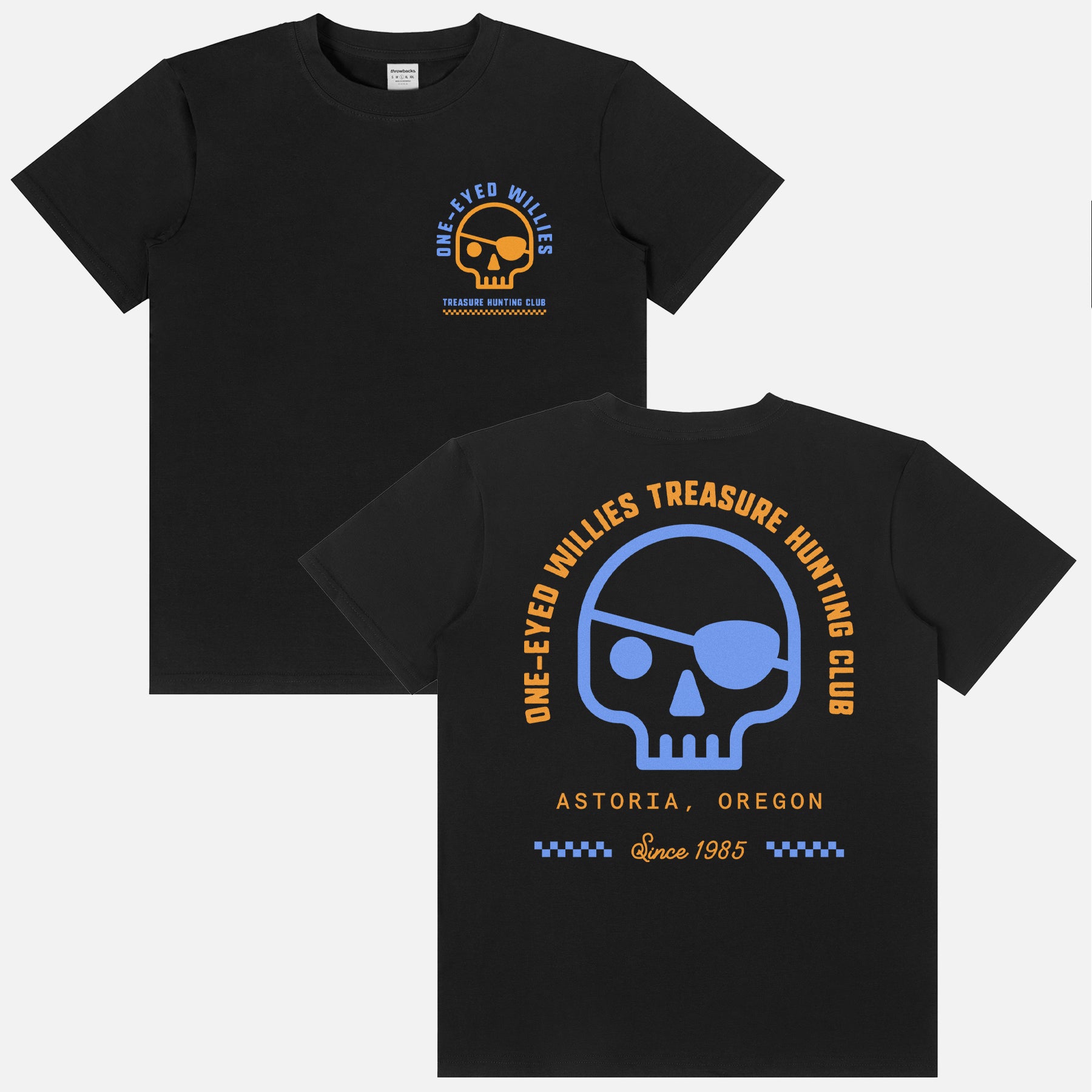 The Goonies Movie graphic t-shirt with One-Eyed Willies treasure hunting Astoria Oregon logo on a unisex black graphic tee with front and back print