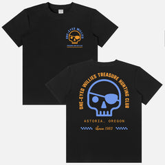 The Goonies Movie graphic t-shirt with One-Eyed Willies treasure hunting Astoria Oregon logo on a unisex black graphic tee with front and back print