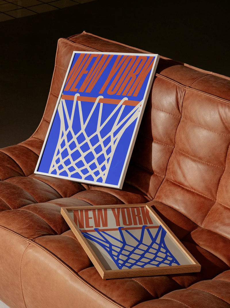 New York Knicks Minimal Basketball Poster, Urban Streetwear Style NY Knicks ball hoop wall art print framed or unframed for sale at Throwbacks