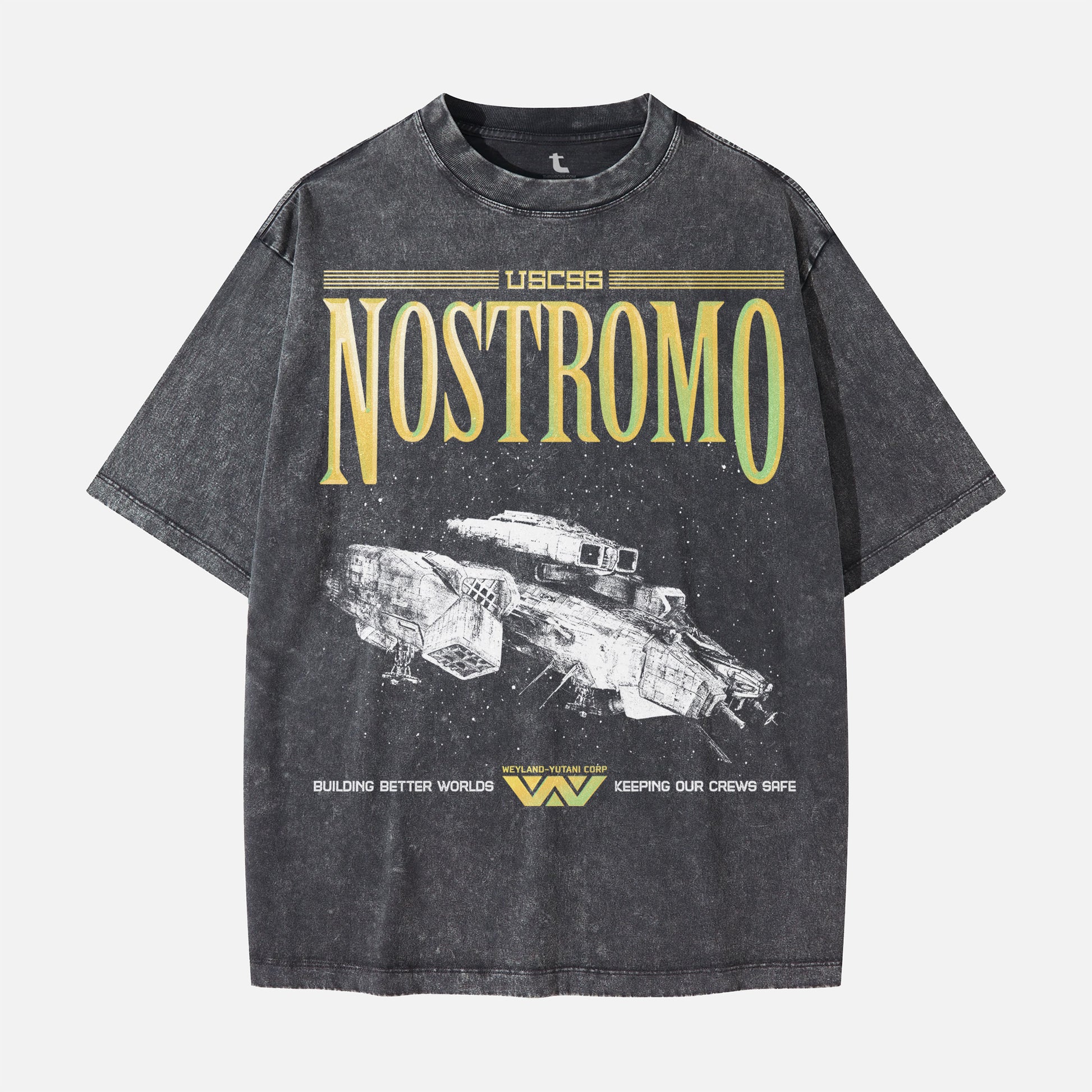 USCSS Nostromo logo and ship movie poster t-shirt for alien 1979 movie fans, weyland yutani corporation logo on oversized distressed black sci-fi horror movie tee