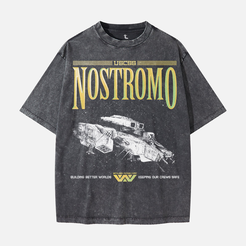 USCSS Nostromo logo and ship movie poster t-shirt for alien 1979 movie fans, weyland yutani corporation logo on oversized distressed black sci-fi horror movie tee