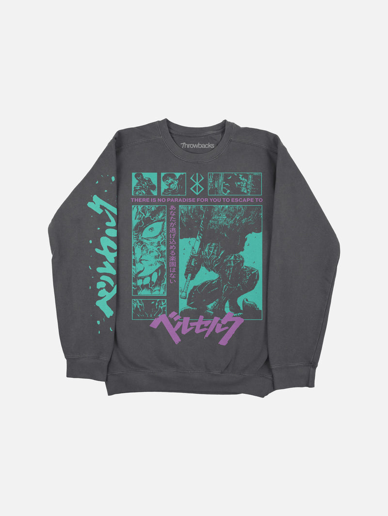 Berserk Anime Streetwear crewneck sweatshirt with sleeve text, japanese manga apparel