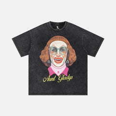 Aunt Gladys Weapons horror movie graphic t-shirt on distressed heavy duty black tee for men and women