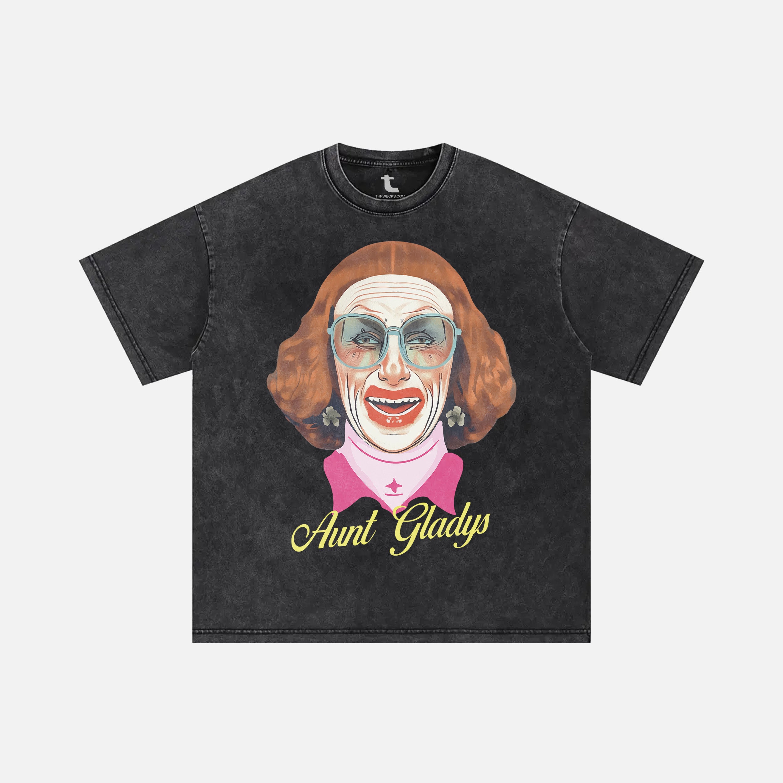 Aunt Gladys Weapons horror movie graphic t-shirt on distressed heavy duty black tee for men and women