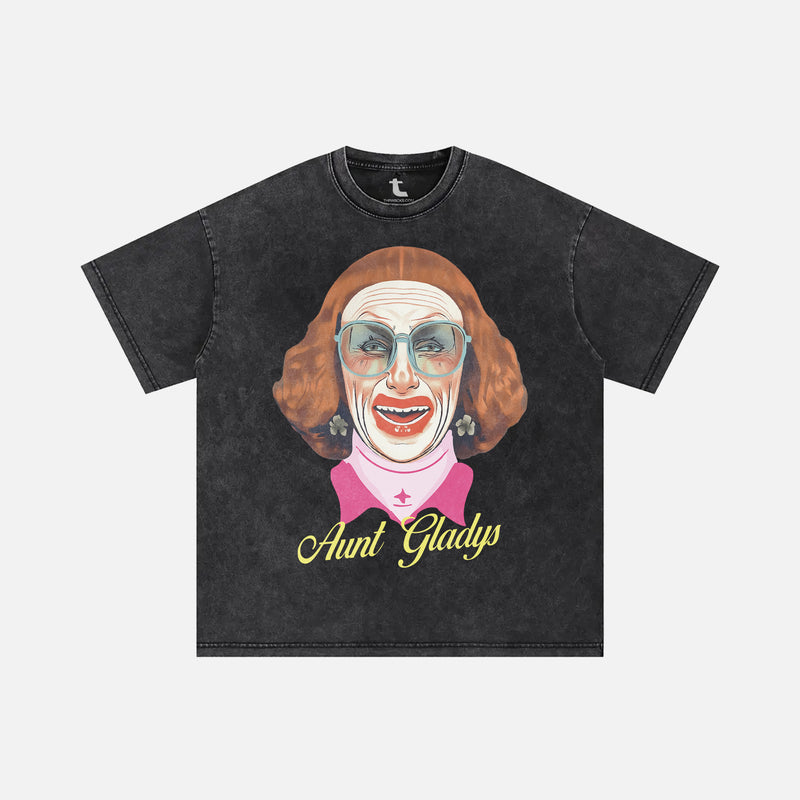 Aunt Gladys Weapons horror movie graphic t-shirt on distressed heavy duty black tee for men and women