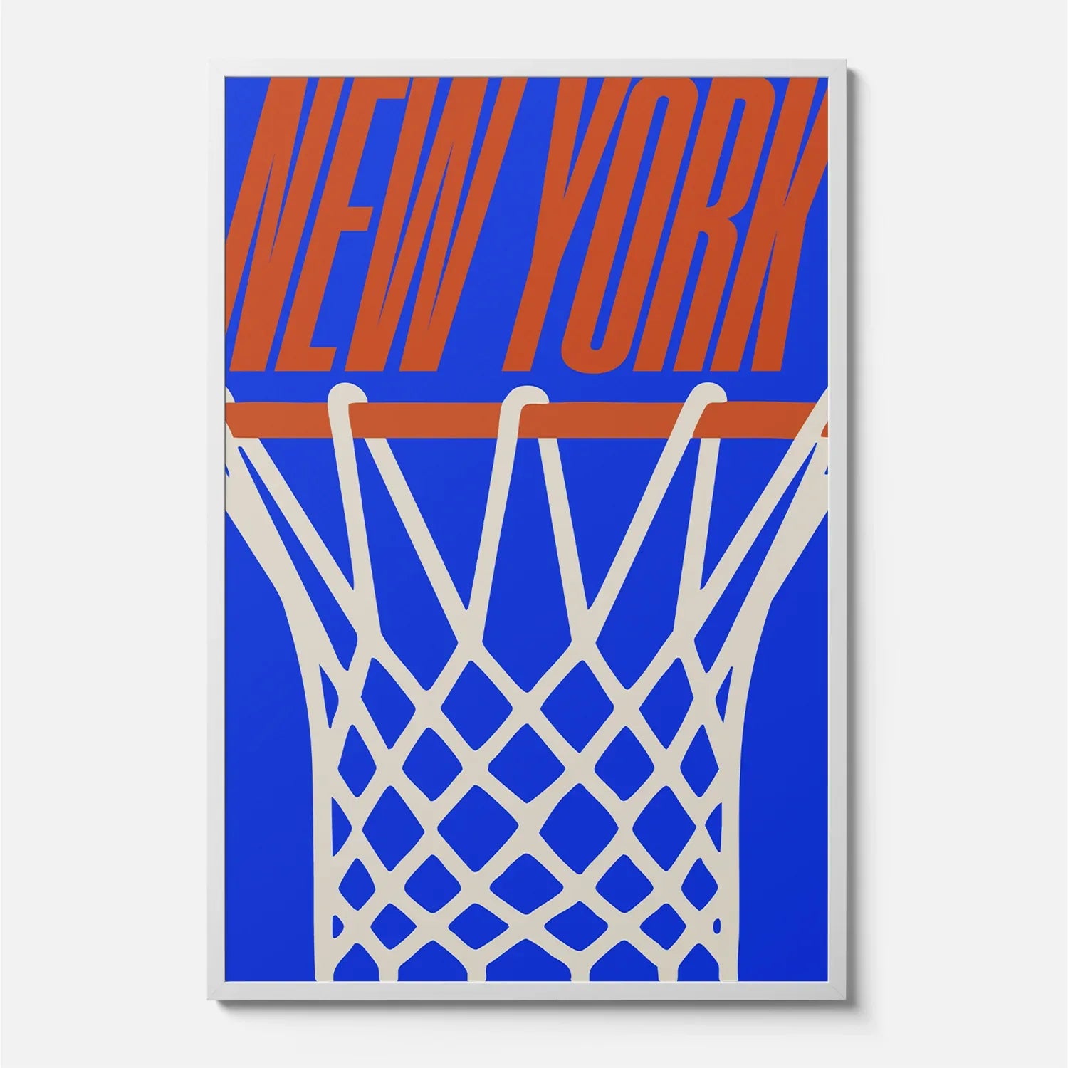 New York Knicks Minimal Basketball Poster, Urban Streetwear Style NY Knicks ball hoop wall art print framed or unframed for sale at Throwbacks