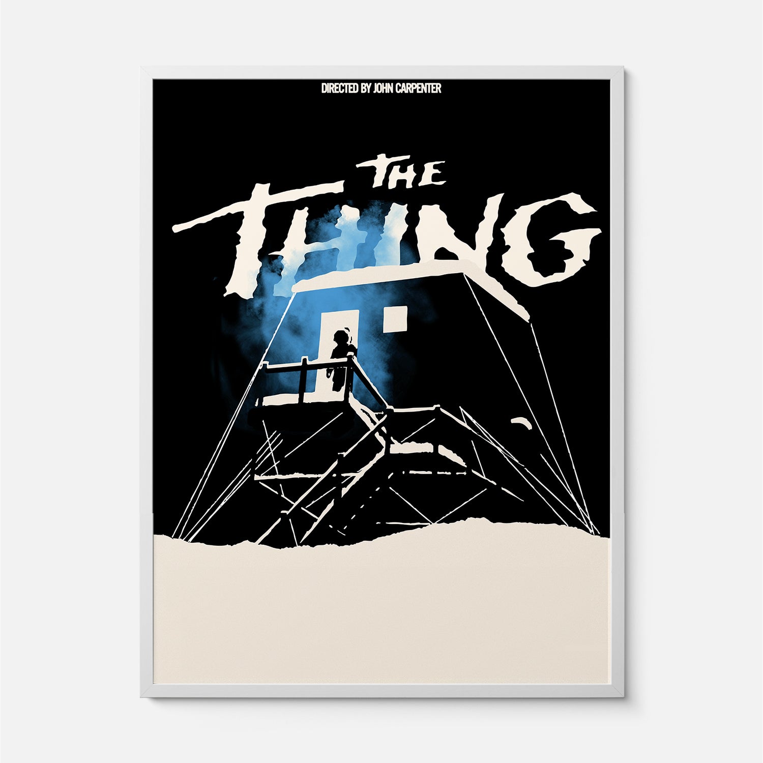 The Thing 1982 horror movie poster, minimal black and white John Carpenter sci-fi horror film wall art memorabilia framed or unframed