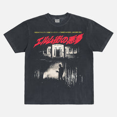 A Nightmare on Elm Street Retro Japanese movie Poster t-shirt with freddy krueger glove on washed black graphic tee