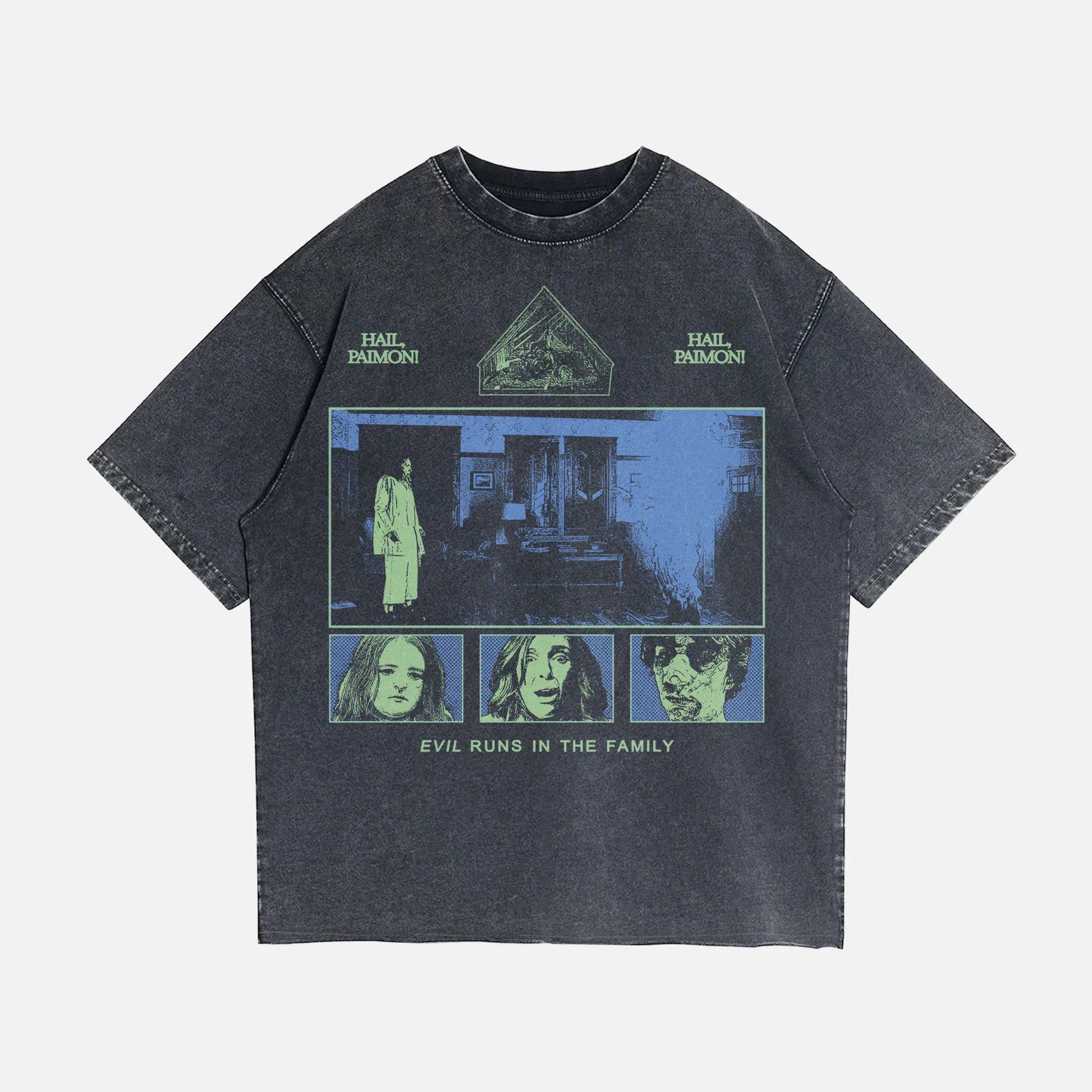 Grunge A24 HEreditary movie graphic tee shirt with blue and green streetwear illustration on an oversized distressed black t-shirt